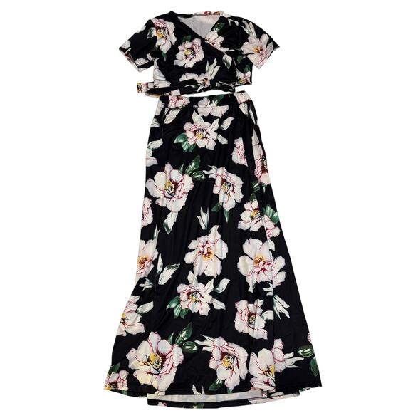 MESLIMA 2 Piece V Neck Crop Top Boho Floral Print Maxi Dress Women's Size Med - Picture 1 of 5